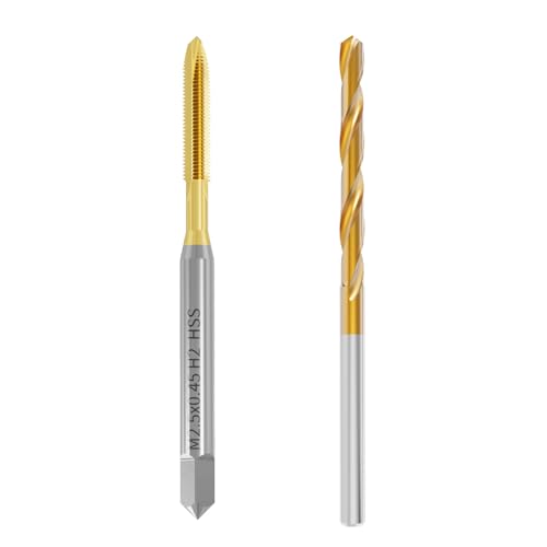 Tap and Drill Bit Set, M2.5x0.45 Tap and 2.1mm Twist Drill, HSS | For M2.5x0.45 Thread Tapping and Drilling, Ti Coated Tap and Twist Drill Combo for Industrial Mechanics Metalworking - size: M2.5*0.45 + 2.1mm
