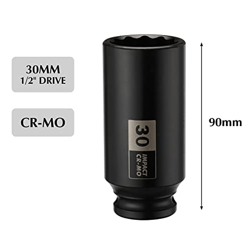 EMENTOL 1/2 Inch Drive Deep Spindle Axle Nut Impact Socket, CR-MO, 12 Point, Metric, Deep 12PT Impact Socket - 30mm - size: 30mm