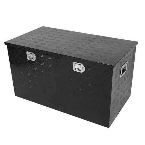 confote 44 Inch Heavy Duty Aluminum Stripes Plated Tool Box Pick Up Truck Bed RV Trailer Toolbox Waterproof Square Storage Organizer with Side Handle, Lock and Keys -44"x 24"x 24"，Black - color: Black, size: 44"x 24"x 24"
