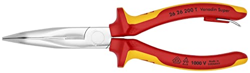 KNIPEX Tools 26 26 200 T Long Nose 40° Angled Pliers with Cutter-1000V Insulated-Tethered Attachment, 8'', Red/Yellow