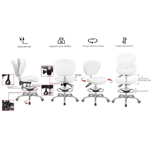 Kaleurrier Drafting Stool Adjustable Height,Drafting Chairs with Backs | Ergonomic,Heavy Duty,Tall Office Chairs for Art Studio Standing Desk Kitchen Garage Shop Massage Lab Dental Hair Salo - color: White
