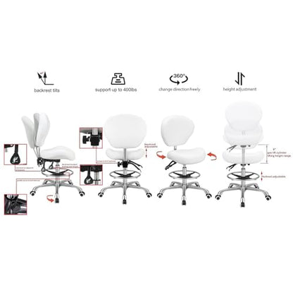 Kaleurrier Drafting Stool Adjustable Height,Drafting Chairs with Backs | Ergonomic,Heavy Duty,Tall Office Chairs for Art Studio Standing Desk Kitchen Garage Shop Massage Lab Dental Hair Salo - color: White