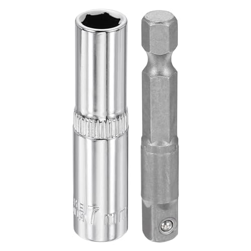 HARFINGTON Deep 6-Point Impact Socket 1/4" Drive 7mm Metric Socket 50mm (2") Long with 1/4" Hex Shank Adapter, CR-V Steel Socket Adapter Accessory Tool Set Kit for Hex Bolts Nuts - size: 7mm x 50mm