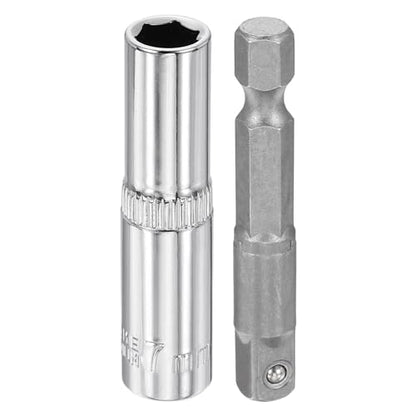 HARFINGTON Deep 6-Point Impact Socket 1/4" Drive 7mm Metric Socket 50mm (2") Long with 1/4" Hex Shank Adapter, CR-V Steel Socket Adapter Accessory Tool Set Kit for Hex Bolts Nuts - size: 7mm x 50mm