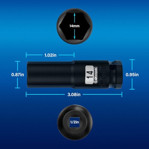 1/2 Inch Drive x 14mm Deep 6PT CR-MO Impact Socket for Removing Axle nut | Metric Socket,6-Point Radius Corner Design,Two Size Markings,Square Chamfered Opening,For Removal of Axle Nut - size: 14 mm, style: 1/2" Drive Deep Socket