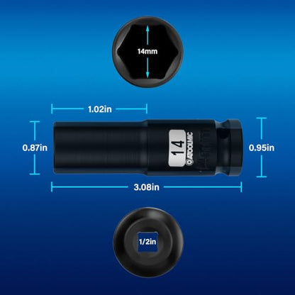 1/2 Inch Drive x 14mm Deep 6PT CR-MO Impact Socket for Removing Axle nut | Metric Socket,6-Point Radius Corner Design,Two Size Markings,Square Chamfered Opening,For Removal of Axle Nut - size: 14 mm, style: 1/2" Drive Deep Socket