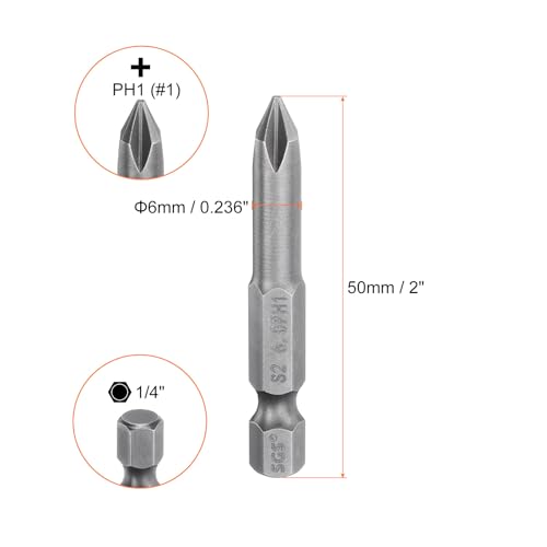 HARFINGTON 5pcs #1 Phillips Screwdriver Bit PH1 1/4" Hex Shank 2" (50mm) Long Magnetic S2 Steel Industrial Grade Screw Driver Bit Cross Head Electric Drill Bits 0.236" (6mm) Rod - size: PH1 x 50mm x 6mm