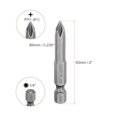 HARFINGTON 5pcs #1 Phillips Screwdriver Bit PH1 1/4" Hex Shank 2" (50mm) Long Magnetic S2 Steel Industrial Grade Screw Driver Bit Cross Head Electric Drill Bits 0.236" (6mm) Rod - size: PH1 x 50mm x 6mm