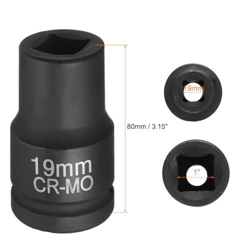 HARFINGTON 4 Point Square Socket 1" Drive 19mm Metric Square Impact Socket CR-MO Blackening Standard Wheel Sleeve Pneumatic Sleeve Tool for Auto Repair Mechanical Maintenance Home Use - size: 1"/19mm