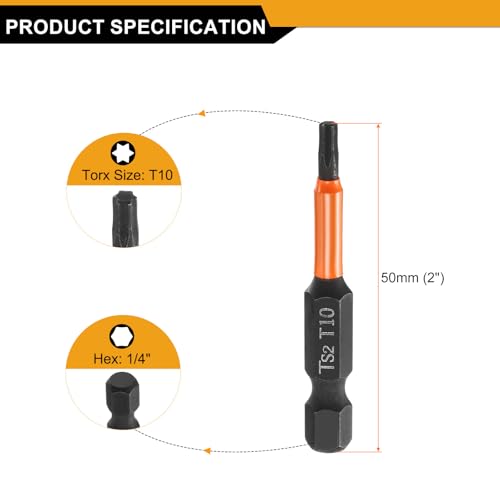 HARFINGTON 3pcs T10 Torx Head Screwdriver Bit 2" (50mm) Long 1/4" Hex Shank Magnetic No Hole Tamper Proof 6 Point Star Screw Driver Drill Bits Phosphate S2 Steel Industrial Power Tools - size: T10 x 50mm