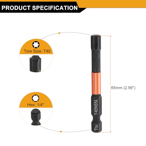 HARFINGTON 3pcs T40 Torx Head Screwdriver Bit 2.56" (65mm) Long 1/4" Hex Shank Magnetic No Hole Tamper Proof 6 Point Star Screw Driver Drill Bits Phosphate S2 Steel Industrial Power Tools - size: T40