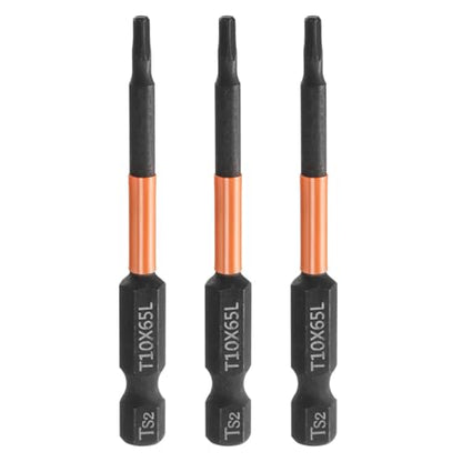 HARFINGTON 3pcs T10 Torx Head Screwdriver Bit 2.56" (65mm) Long 1/4" Hex Shank Magnetic No Hole Tamper Proof 6 Point Star Screw Driver Drill Bits Phosphate S2 Steel Industrial Power Tools - size: T10