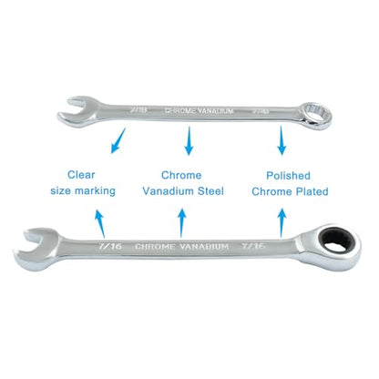 7/16 Inch Ratcheting Wrench 2 Pcs 72-Tooth 12-Point Chrome Plated | Forged 45# Carbon Steel Durable, 5-Degree Arc For Tight Spaces, 12-Point Protects Fasteners, Polished Chrome Anti-Rust - size: 0.44 Inch