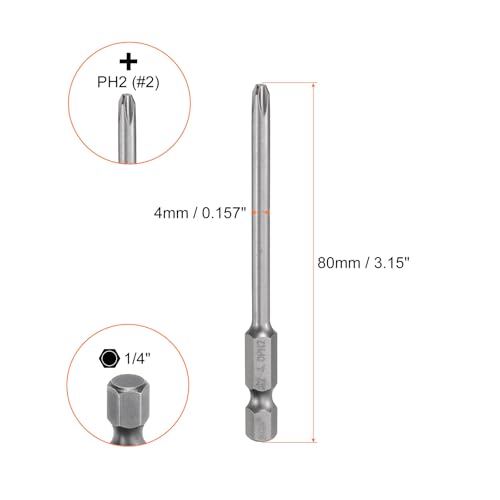 HARFINGTON 5pcs #2 Phillips Screwdriver Bit PH2 1/4" Hex Shank 3.15" (80mm) Long Magnetic S2 Steel Industrial Grade Screw Driver Bit Cross Head Electric Drill Bits 0.157" (4mm) Rod - size: PH2 x 80mm x 4mm