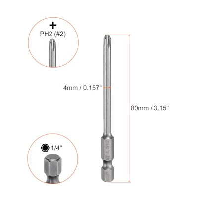 HARFINGTON 5pcs #2 Phillips Screwdriver Bit PH2 1/4" Hex Shank 3.15" (80mm) Long Magnetic S2 Steel Industrial Grade Screw Driver Bit Cross Head Electric Drill Bits 0.157" (4mm) Rod - size: PH2 x 80mm x 4mm