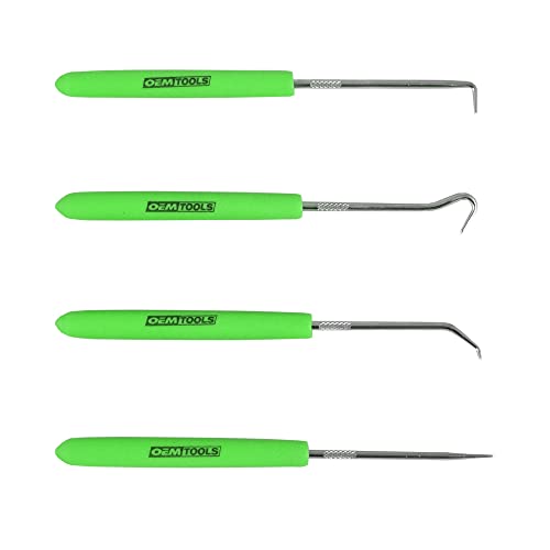 OEMTOOLS 26535 4 Piece Hook and Pick Set, Green Handled Pick Tool Set, Tool Hooks for Precision Projects, O Ring Pick Set, 4 Hook Tool Kit - size: 4-pc Mini Hook Set