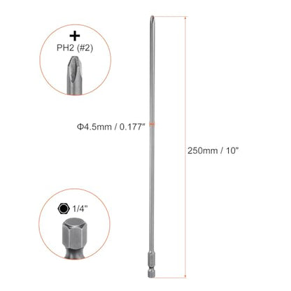 HARFINGTON 5pcs #2 Phillips Screwdriver Bit PH2 1/4" Hex Shank 10" (250mm) Long Magnetic S2 Steel Industrial Grade Screw Driver Bit Cross Head Electric Drill Bits 0.177" (4.5mm) Rod - size: PH2 x 250mm x 4.5mm