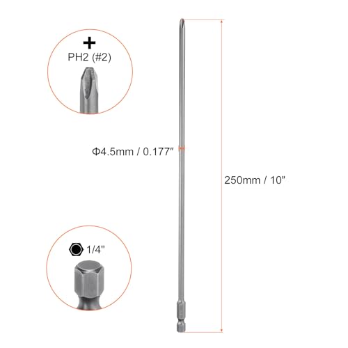 HARFINGTON 2pcs #2 Phillips Screwdriver Bit PH2 1/4" Hex Shank 10" (250mm) Long Magnetic S2 Steel Industrial Grade Screw Driver Bit Cross Head Electric Drill Bits 0.177" (4.5mm) Rod - size: PH2 x 250mm x 4.5mm