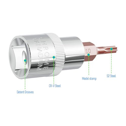 2PCS 3/8 Inch Drive T10 Torx Bit Socket, S2 Steel Bits, Heat Treated CR-V Steel Star Sockets 1.9 Inch Length - size: T10