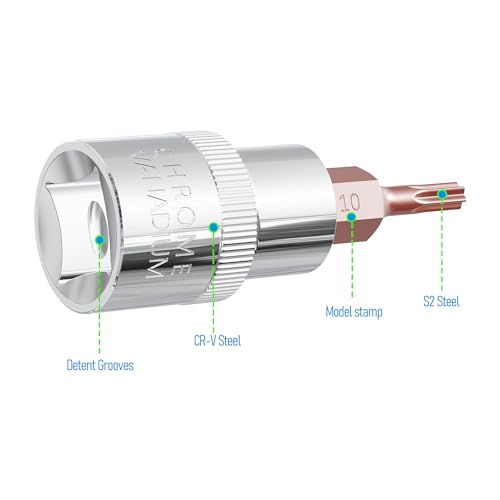 3PCS 3/8 Inch Drive T10 Torx Bit Socket, S2 Steel Bits, Heat Treated CR-V Steel Star Sockets 1.9 Inch Length - size: T10