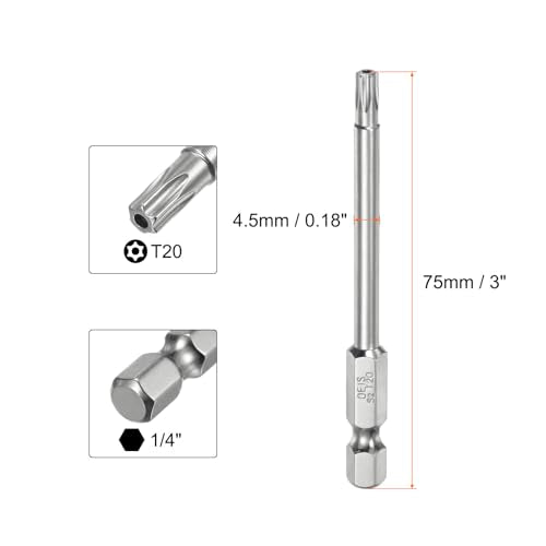 HARFINGTON 2pcs T20 Security Torx Bit 1/4" Hex Shank 3" Long S2 Steel Magnetic Tamper Resistant Star Bits Screwdriver Torx Head with Hole for Driver Drill Bits Remove Fastening Screws - size: T20