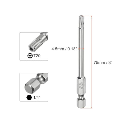 HARFINGTON 2pcs T20 Security Torx Bit 1/4" Hex Shank 3" Long S2 Steel Magnetic Tamper Resistant Star Bits Screwdriver Torx Head with Hole for Driver Drill Bits Remove Fastening Screws - size: T20