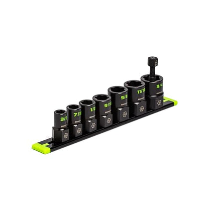 GRIPEDGE Tools | 7-PC – 3/8'' Drive SAE RPT Socket Extractor Set | Sizes 3/8'' – 3/4'' | Removes Broken Studs, Stripped Bolts and Lug Nuts | Includes Premium Aluminum Socket Rail|