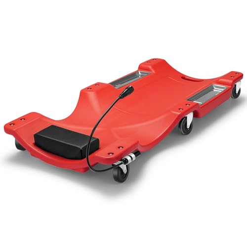 40" Low-Profile Plastic Rolling Mechanic's Floor Creeper with Built-in LED Light, Cushioned Headrest, Dual-Compartment Tool Trays, and Casters CAAP-TOLS-CRP-T2-40-RD
