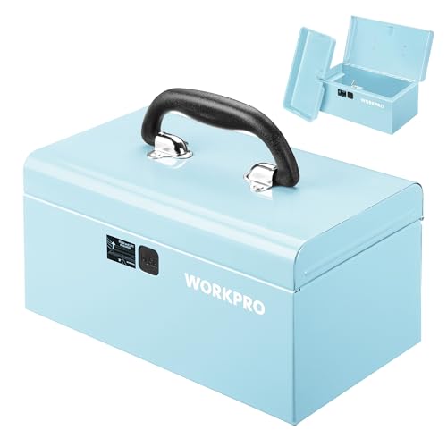 WORKPRO 10.8" Portable Mini Metal Tool Box with Removable Color-Matching Tray, One-Button Latch Toolbox, Steel Tool Chest with PP Handle, Compact Storage Organizer for Home, Office or Workshop - color: Macaron Blue
