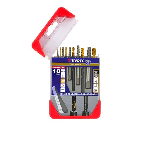 TIVOLY - Broken Screw Extractor Drill Set + TiN Coated HSS Drills - Set of 5 Drills & 5 Extractors N1 Ø 3/32"/N2 Ø 1/8"/N3 Ø 3/16"/N4 Ø 1/4"/N°5 Ø 5/16"