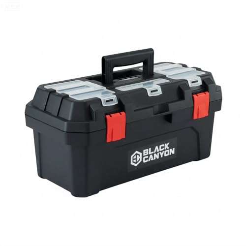 Black Canyon 17 Inch Plastic Tool Box, Support up to 44 lbs, w/Handle, Polypropylene, Dual-Layer Design, Flexible for Stacking, Top-Lid Storage, Ideal for DIY, Workshop, Job Site Organization - size: 17 IN/PLST