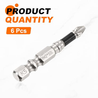 HARFINGTON 6pcs Impact Phillips Screwdriver Bit PH2 (#2) Anti Slip Tip 1/4" Hex Shank 2" (50mm) Long Magnetic Cross Screw Driver Industrial Power Drill Bits for Remove Fastening Screws - size: 2 inch