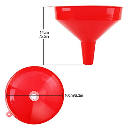10 Pcs Red Plastic Funnel Set, 6.3 in Wide Mouth Fuel Funnels | PP Plastic, 0.6 in Wide Spout, 5.5 in Tall Body, Hang-Tab Rim, and Nesting Design for Oil, Gas, Coolant, and Dry Goods