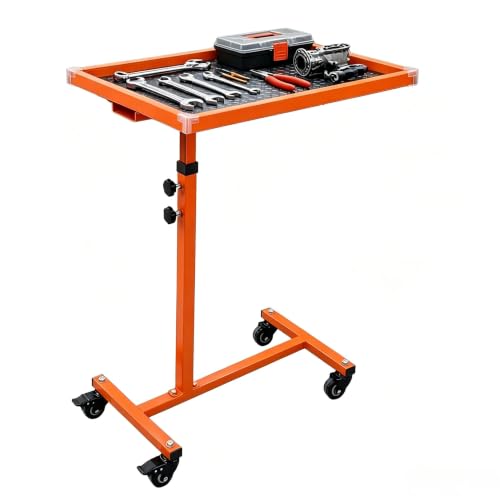 IDEALHOUSE Rolling Tool Cart Workbench, 220LBS Capacity Height Adjustable Mechanic Tool Tray Table with 360° Swivel Wheels & Non-Slip Mat, Heavy Duty Mobile Work Station for Garage Workshop Warehouse - color: Orange