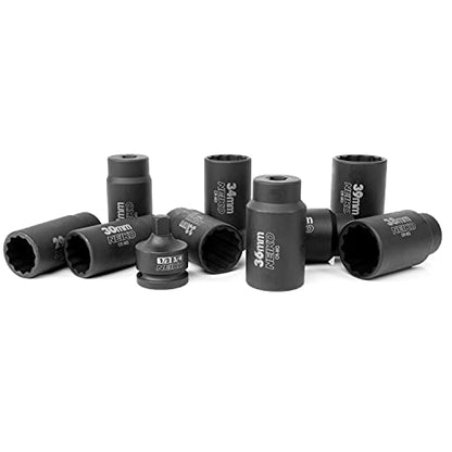 NEIKO 02531A 10 Piece 12 Point Socket Set 1/2” Drive, Lug Nut Remover, Spindle Nut Socket, Axle Nut Socket Set, Metric 29-39mm Socket 1/2 Drive Impact Set, Cr-Mo Impact Adapter, 3/4" -1/2” Reducer - size: 10 Piece Set