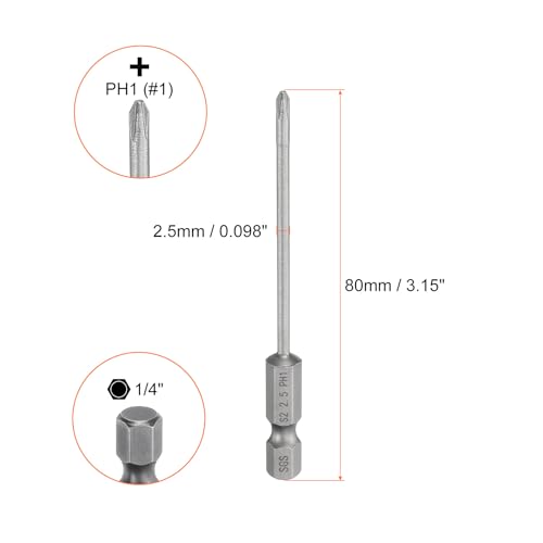 HARFINGTON 5pcs #1 Phillips Screwdriver Bit PH1 1/4" Hex Shank 3.15" (80mm) Long Magnetic S2 Steel Industrial Grade Screw Driver Bit Cross Head Electric Drill Bits 0.098" (2.5mm) Rod - size: PH1 x 80mm x 2.5mm