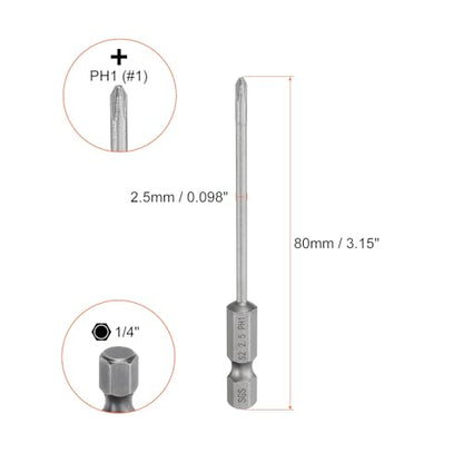 HARFINGTON 5pcs #1 Phillips Screwdriver Bit PH1 1/4" Hex Shank 3.15" (80mm) Long Magnetic S2 Steel Industrial Grade Screw Driver Bit Cross Head Electric Drill Bits 0.098" (2.5mm) Rod - size: PH1 x 80mm x 2.5mm