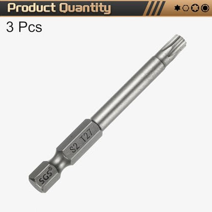 HARFINGTON 3pcs T27 Torx Head Screwdriver Bit 1/4" Hex Shank 2.6" (65mm) Long Magnetic No Hole Tip Tamper Proof 6 Point Star Screw Driver Drill Bits S2 Steel Industrial Power Screwdrivers - size: T27 x 2.6"(65mm)