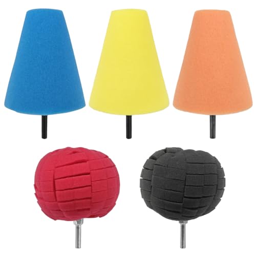 5PCS Car Wheel Hub Drill Buffing Sponge Pads Kit, 3 Inch Shank Polishing Pad for Car Details Cleaning, Auto Cone Metal Polish Buffing Polishing Ball, Universal for Automotive Wheels Care