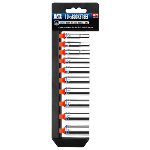 10PCS 1/4” Drive Deep Socket Set, Metric (5mm-14mm), 6-Point, Cr-V Steel, Chrome Plated Socket With Hanging Bracket, Cover Most Commonly Sizes - size: 1/4"Metric (5mm-14mm)