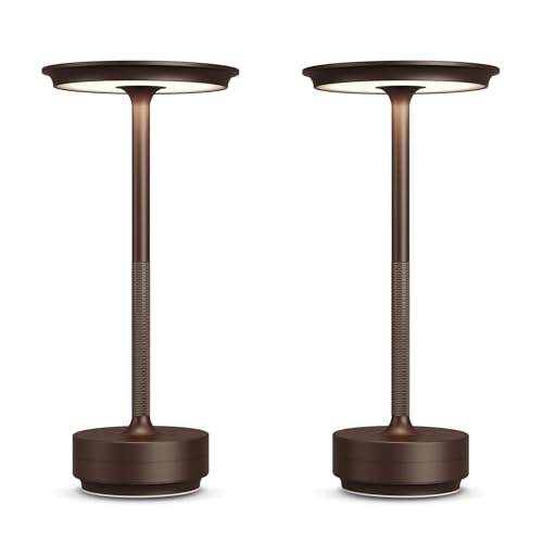 2 Pack Rechargeable Cordless Table Lamps, Portable 5000mAh LED Table Light, 3 Color Stepless Dimming Battery Powered Metal Table Lamp for Outdoo/Restaurant/Home/Patio.(Brown) - color: Brown, size: 2 Pack