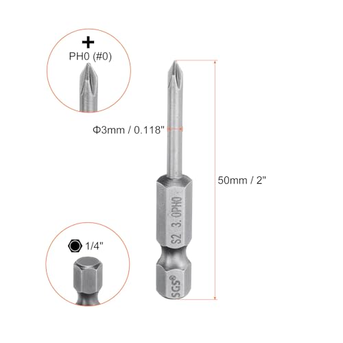 HARFINGTON 5pcs #0 Phillips Screwdriver Bit PH0 1/4" Hex Shank 2" (50mm) Long Magnetic S2 Steel Industrial Grade Screw Driver Bit Cross Head Electric Drill Bits 0.118" (3mm) Rod - size: PH0 x 50mm x 3mm