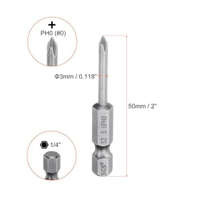 HARFINGTON 5pcs #0 Phillips Screwdriver Bit PH0 1/4" Hex Shank 2" (50mm) Long Magnetic S2 Steel Industrial Grade Screw Driver Bit Cross Head Electric Drill Bits 0.118" (3mm) Rod - size: PH0 x 50mm x 3mm