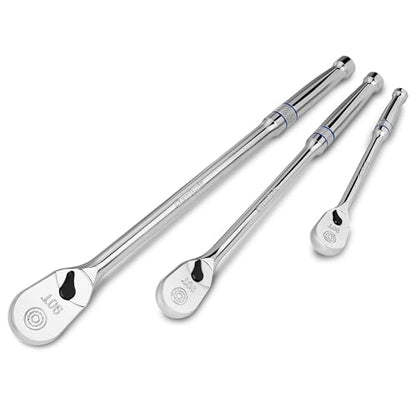 DURATECH 3-Piece Extra Long Drive Ratchet Handle, 1/4", 3/8", 1/2" 90-Tooth Ratchet Wrench with Dust Proof Teardrop Enclosed Head, Reversible, CR-V Steel Made, CR-MO Head, Full Polished, Gifts for Men - size: 1/4", 3/8", 1/2" Combo Kit