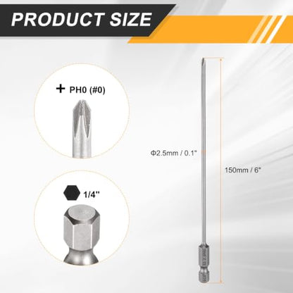 HARFINGTON 4pcs #0 Phillips Screwdriver Bit PH0 1/4" Hex Shank 6" (150mm) Long 0.1" Rod Magnetic Cross Head Drill Bits S2 Steel Industrial Screw Driver Bit for Electric Power Tools, Gray - size: PH0 x 6" x 0.1"
