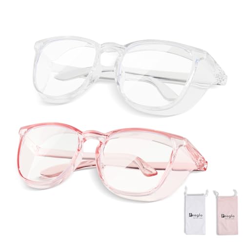 Feaglo Safety Glasses, Anti Fog Safety Goggles for Women Men, Blue Light Blocking Stylish Eye Protection Glasses Side Shield - color: Transparent+pink