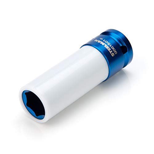 Steelman 17mm Sleeved Socket, Wheel and Lug Nut Protector Polyethylene Sleeve and Insert, Non-Marring, Long, 6-Point, ½-inch Drive - size: 17mm Blue