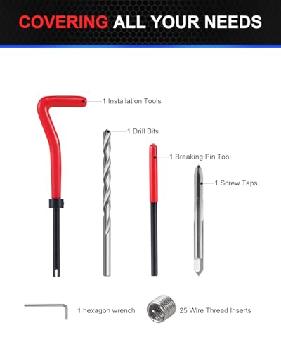 Kolvoii M5×0.8 Helicoil Thread Repair Kit, Metric M5 Helicoil kit with HSS Drill Bit, Tap & Stainless Steel Inserts for Small Engine & Bicycle Repair - size: M5X0.8