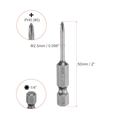 HARFINGTON 5pcs #0 Phillips Screwdriver Bit PH0 1/4" Hex Shank 2" (50mm) Long Magnetic S2 Steel Industrial Grade Screw Driver Bit Cross Head Electric Drill Bits 0.098" (2.5mm) Rod - size: PH0 x 50mm x 2.5mm