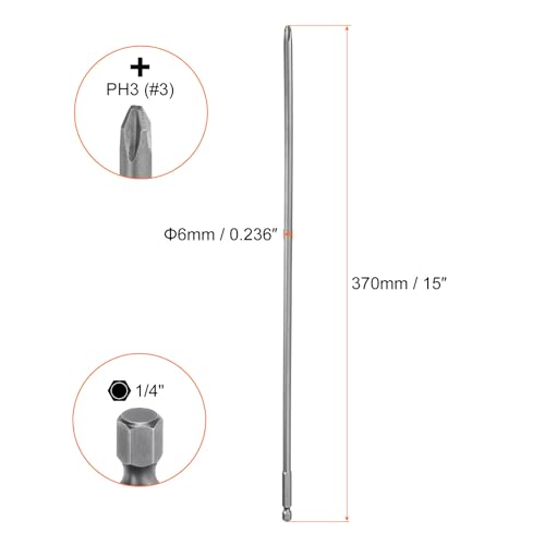 HARFINGTON 2pcs #3 Phillips Screwdriver Bit PH3 1/4" Hex Shank 15" (370mm) Long Magnetic S2 Steel Industrial Grade Screw Driver Bit Cross Head Electric Drill Bits 0.236" (6mm) Rod - size: PH3 x 370mm x 6mm